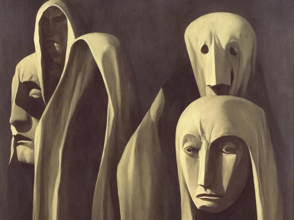 Image similar to Portrait of a albino hooded white cloaked man. Sacred wound. The land of the cloaked mountain, flower ridges, overflowing milk. Aurora Borealis, African mask, acid rains, exotic animal teeths. Painting by Georges de la Tour, Rene Magritte, Jean Delville, Max Ernst, Caspar David Friedrich