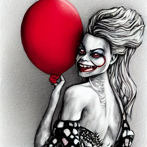 Image similar to grunge cartoon painting of margot robbie with a wide smile and a red balloon by chris leib, loony toons style, pennywise style, corpse bride style, horror theme, detailed, elegant, intricate