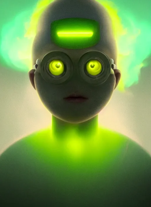 Image similar to an ethereal, misty portrait of a minion whose face is accented with neon - toned glowing eyeliner. the makeup floats off his face and joins swirling clouds of smoke and fog, becoming an aurora. muted tones. surreal portrait, cinematic lighting, 8 k, smooth, sharp focus, digital painting, rendered in octane, painted by tom bagshaw, artgerm