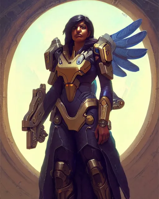 Image similar to pharah from overwatch, character portrait, concept art, intricate details, highly detailed by greg rutkowski, michael whelan and gustave dore