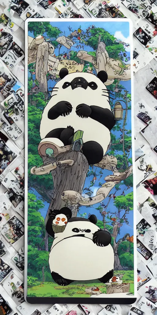 Image similar to a panda bus like totoro, 1990s anime, full color, tarot card the chariot, highly detailed,