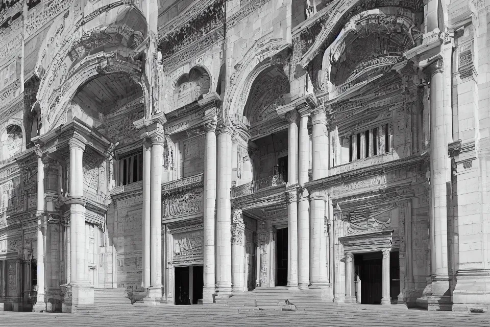 Prompt: a black and white photograph of an enormous building, official courthouse, statues looking down on the gigantic door, Arabic architecture, long shot,