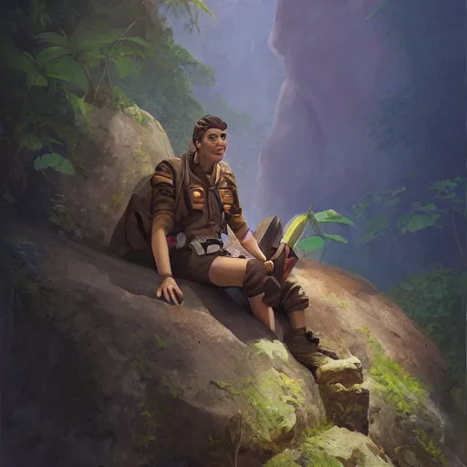 Image similar to a painting of a pilot sitting in a rock on a jungle!, an ultrafine detailed painting by mandy jurgens, featured on deviantart, fantasy art, 2 d game art, ilya kuvshinov, steampunk