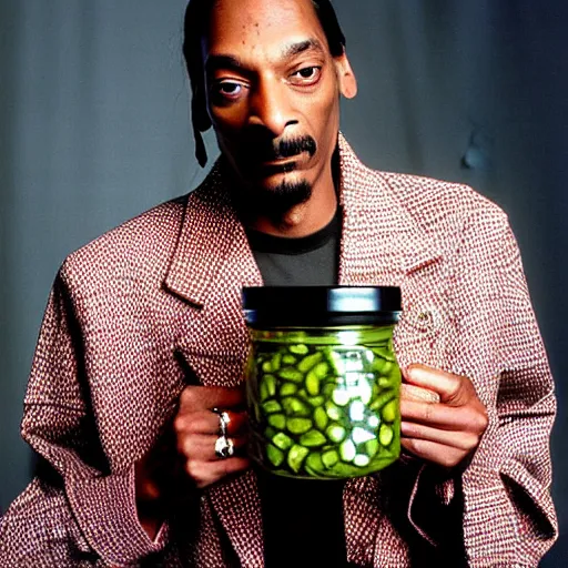 Prompt: Snoop Dogg holding a Jar of pickles for a 1990s sitcom tv show, Studio Photograph, portrait, C 12.0