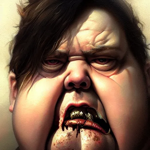 Image similar to hyper realistic, close up portrait of a disgusting fat slob by greg rutkowski, scott m fischer, artgerm, loish, atmospheric, anne stokes, alexandros pyromallis