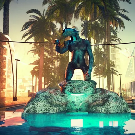 Image similar to a hyperrealistic 3 d render of a crumbling statue in a surreal underground swimming pool surrounded by palm trees and neon lights, vaporwave, unreal engine, octane render, dramatic lighting, volumetric lighting, ultra detailed, photorealistic