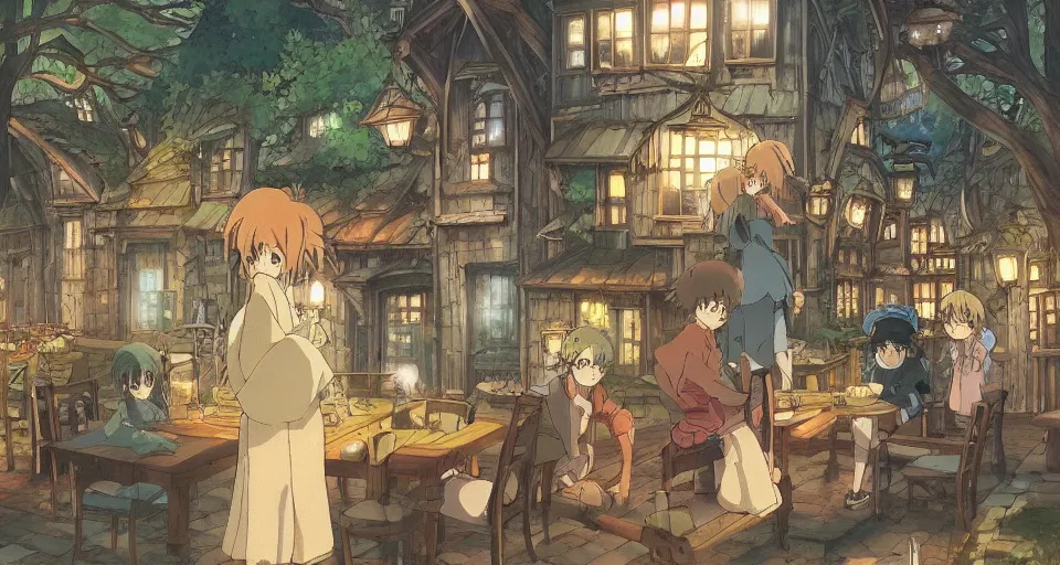 Prompt: Anime visual of a cozy steampunk inn in a magical forest; cheerful and peaceful mood; illustrated by Hayao Miyazaki; anime production by Studio Ghibli; winter