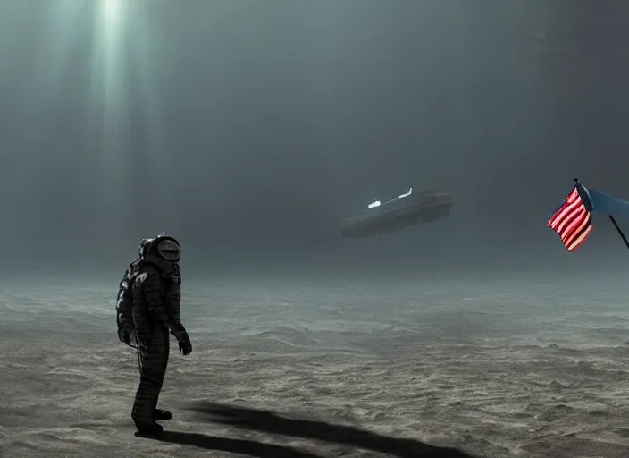 Image similar to astronaut holding a flag in an underwater desert. a submarine is visible in the distance. dark, concept art, cinematic, dramatic, atmospheric, 8 k, trending on artstation, blue, fish, low visibility, fog, ocean floor, christopher nolan, interstellar