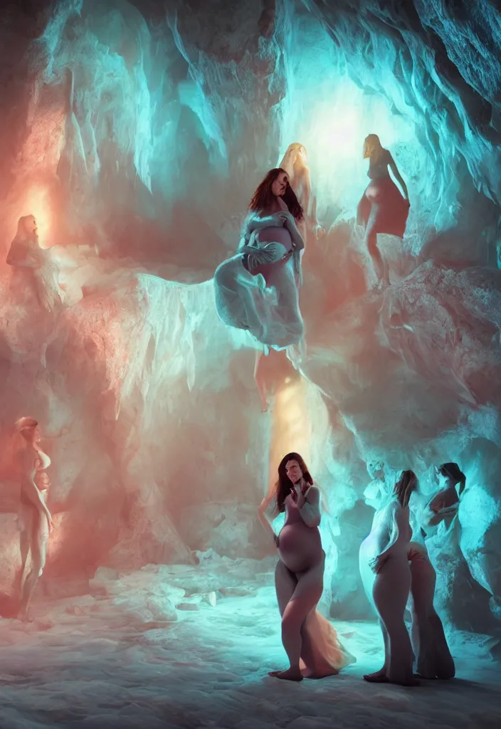 Image similar to epic pregnant woman talking to all her tribe with fluorescence bodies, proud people gather around the pregnant woman, ice cave, facinating, fantasy digital art, octane render, beautiful composition, trending on artstation, award - winning photograph, masterpiece