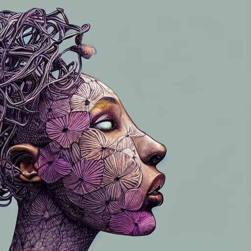 Prompt: the head of an unbelievably elegant and beautiful black woman partially made of potatoes roots and violets, an ultrafine detailed illustration by james jean, final fantasy, intricate linework, bright colors, behance contest winner, vanitas, angular, altermodern, unreal engine 5 highly rendered, global illumination, radiant light, detailed and intricate environment