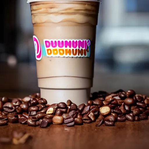 Prompt: Professional photography of a Dunkin Donuts iced coffee