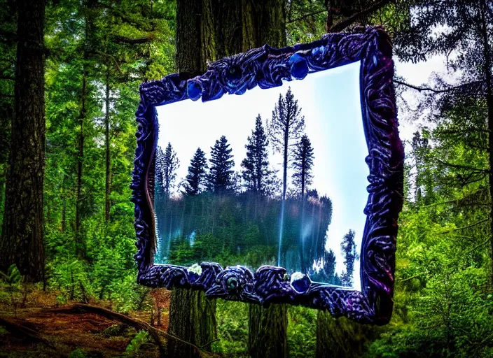 Image similar to photo of a crystal mirror that is a portal to another magical world. Forest in the background. Fantasy magic style. Highly detailed 8k. Intricate. Nikon d850 55mm. Award winning photography.