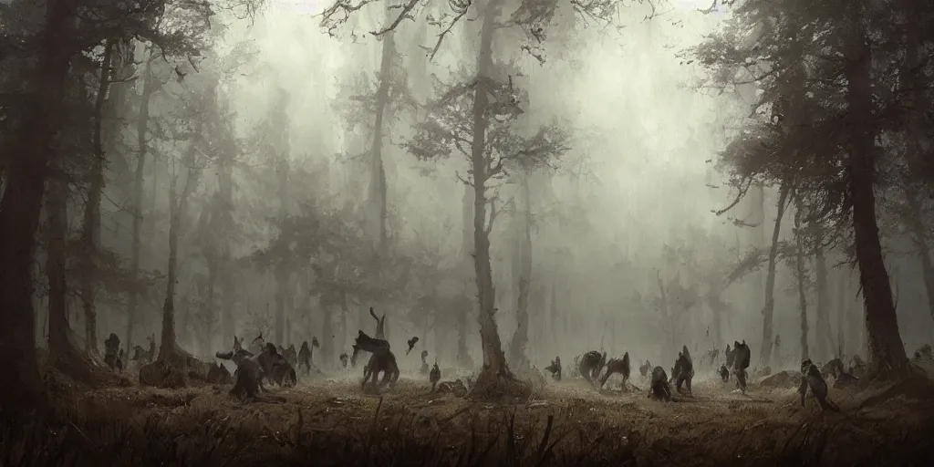 Image similar to a painting of a group of medieval villagers being attacked by wolves in a foggy dense forest by greg rutkowski, dark fantasy art, high detail, trending on artstation