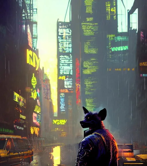 Image similar to new york city portrait of bad boy furry anthro anthropomorphic spotted hyena head animal person fursona wearing clothes strange cybernetic muzzle gloomy rainy screenshot from the video game cyberpunk 2077 digital art by Greg Rutkowski, Simon Stalenhag, christopher nolan trending on Artstation, CGSociety