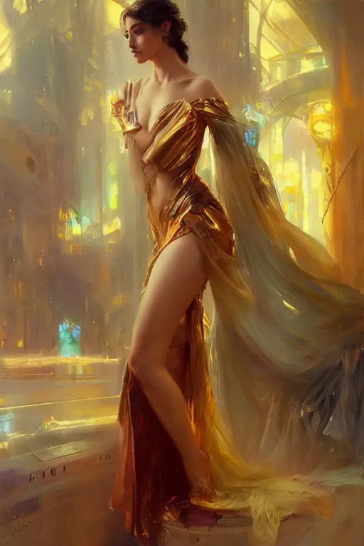 Image similar to cyberpunk beautiful girl, body golden armor, flowing gown by vladimir volegov and alexander averin and delphin enjolras and daniel f. gerhartz