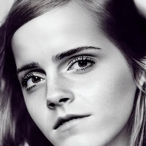 Image similar to Emma Watson closeup face shoulders very long hair hair slightly open lips Vogue fashion shoot by Peter Lindbergh fashion poses detailed professional studio lighting dramatic shadows professional photograph by Cecil Beaton, Lee Miller, Irving Penn, David Bailey, Corinne Day, Patrick Demarchelier, Nick Knight, Herb Ritts, Mario Testino, Tim Walker, Bruce Weber, Edward Steichen, Albert Watson