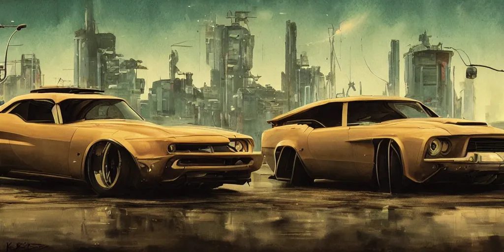 Prompt: vintage muscle car design, futuristic, kyza, ash thorp, simon stalenhag, hard surface, cyberpunk , sci-fi, wide body, sport car, exotic, in watercolor gouache detailed paintings