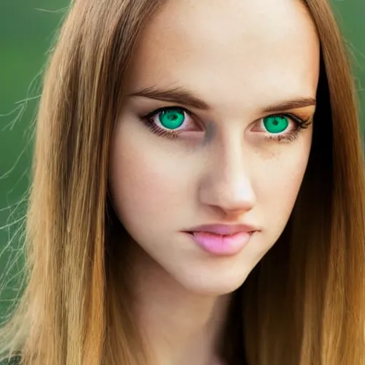 Image similar to brunette with dyed blonde hair, 21 years old, 165 cm tall, long flat hair, blonde, green eyes, smaller nose, smaller mouth, round shaped face, big forehead, lop eared, thin eyebrows, real life photograph