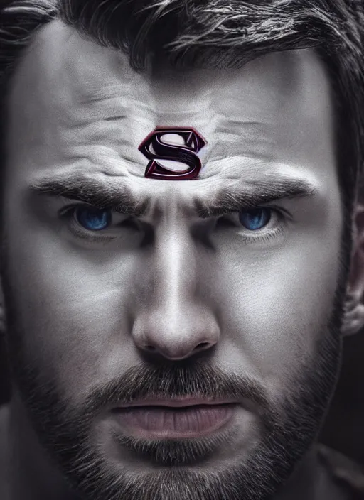 Image similar to a potrait of Chris evans as Man of steel and full armour by Zack Snyder, 8k photorealistic, cinematic lighting, HD, high details, dramatic, trending on artstation, view from above