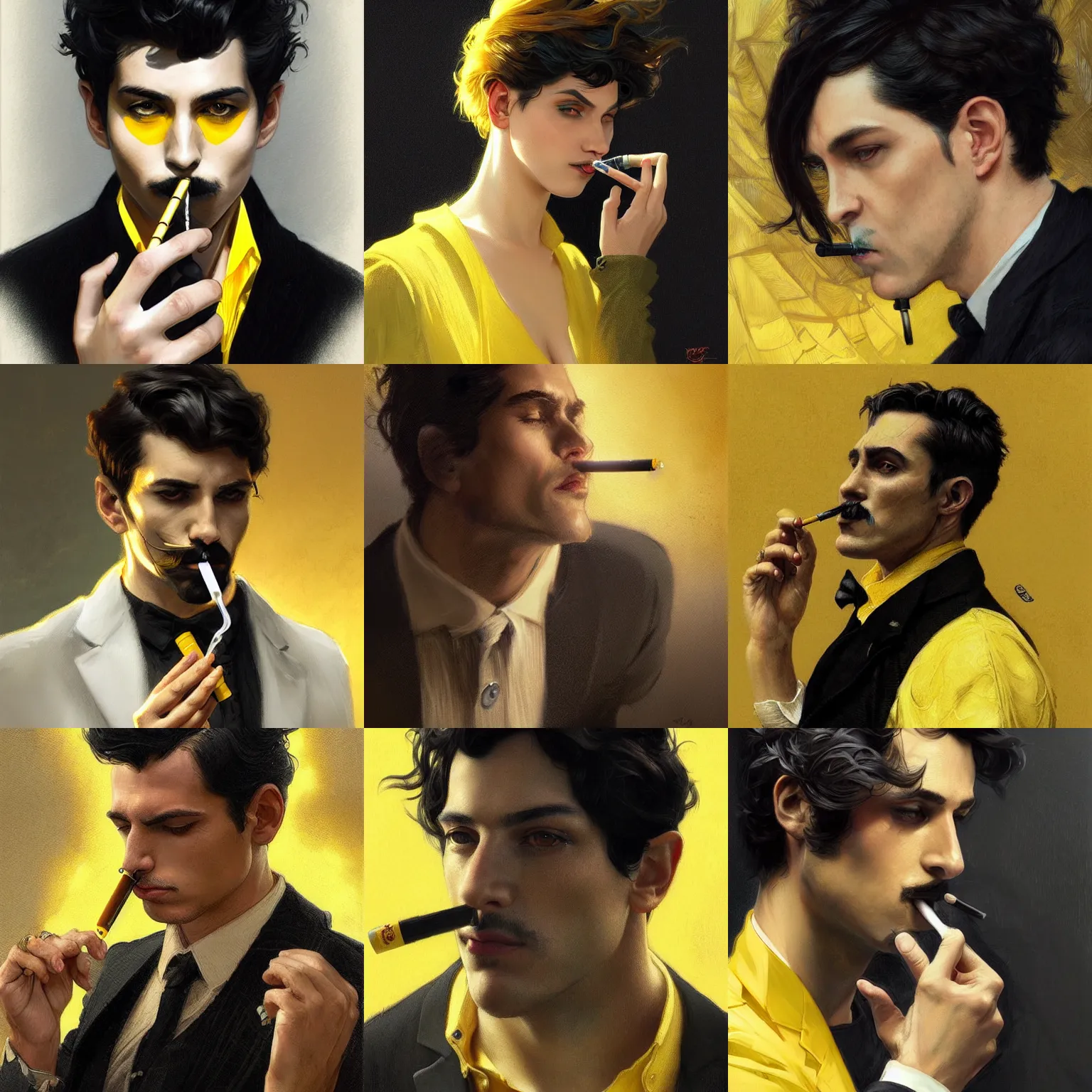 Prompt: portrait of a man smoking a cigarette, short black hair, black suit, yellow eyes, fantasy, intricate, elegant, highly detailed, digital painting, artstation, concept art, smooth, sharp focus, illustration, art by artgerm and greg rutkowski and alphonse mucha