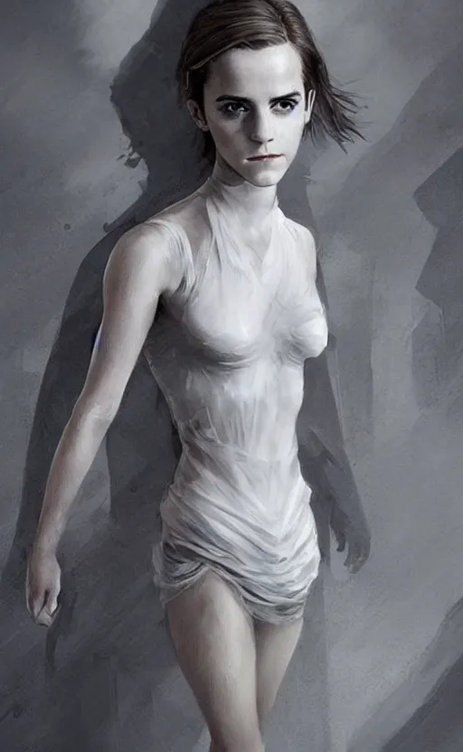 Image similar to emma watson with an very long torso, possibly extra limbs, intricate, detailed, volumetric lighting, digital painting, concept art, by artgerm and greg rutkowski