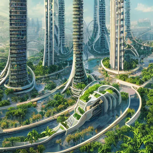 Prompt: retro exotic city, magnificent multi - level building complex, huge tv tower in the center of the city, surrounded by lush gardens, luxurious, gorgeous, zaha hadid architecture, epic big scene, epic composition, wide angle movie, miyazaki jun, nausicaa ghibli, marc simonetti 8 k rendering, post processing