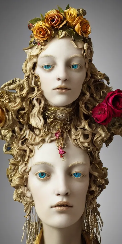 Prompt: a 6 5 mm fashion headshot portrait of a fairy lady sculpture who has rococo dramatic headdress with roses, dressing tassels gemstones, by cedric peyravernay, virginie ropars, william holman hunt, gucci, dior, trending on pinterest, hyperreal, jewelry, gold, maximalist