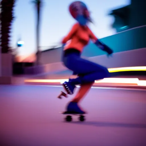 Image similar to a roller skater in a cinematic closeup. in santa monica at blue hour. canon eos c 3 0 0, ƒ 1. 8, 3 5 mm. 8 k. medium - format print. inspired by roger deakins cinematography