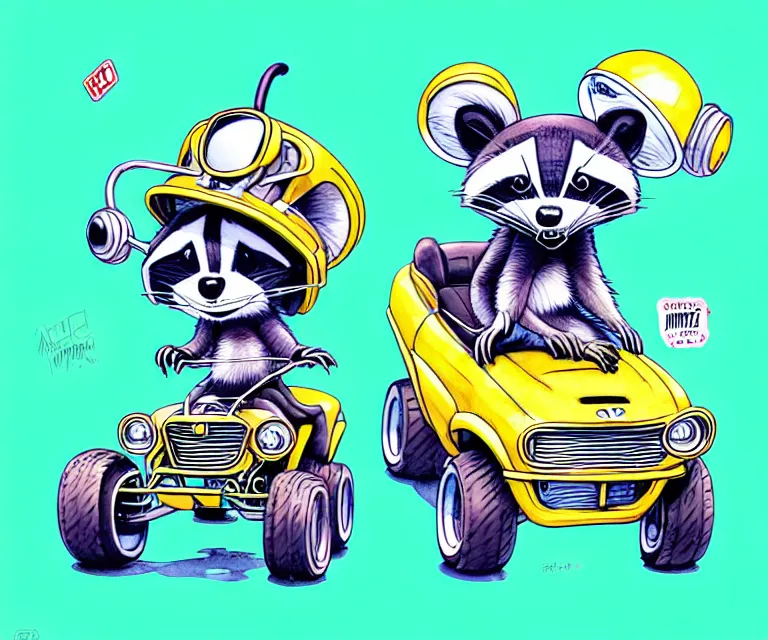 Image similar to cute and funny, racoon wearing a helmet riding in a tiny 4 wheeler with oversized engine, ratfink style by ed roth, centered award winning watercolor pen illustration, isometric illustration by chihiro iwasaki, edited by range murata, tiny details by artgerm, symmetrically centered