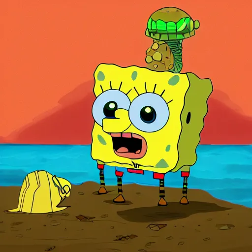 Prompt: post apocalyptic ultra realistic artstation digital painting of spongebob contemplating eating his pet snail gary