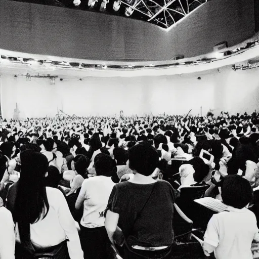 Image similar to interpreter working in front of huge audience, studio Ghibli