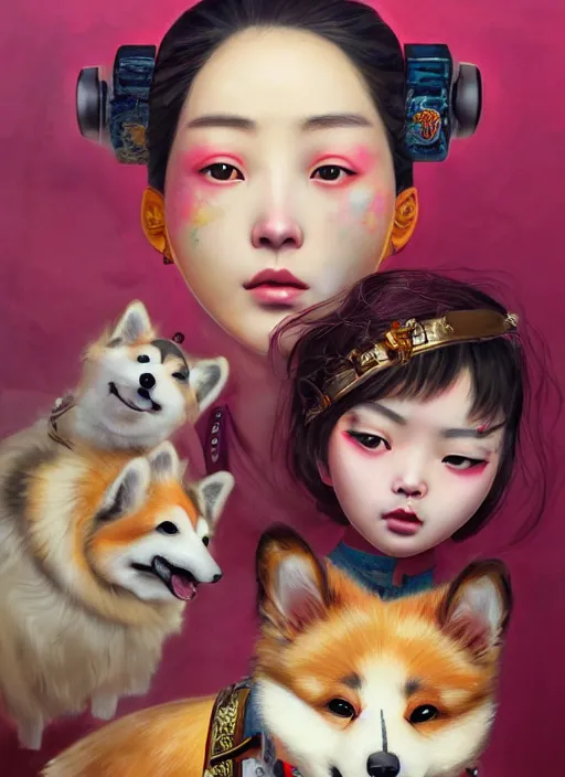 Prompt: beautiful portrait painting of a cute Chinese lofi cyberpunk princess and her corgi assassin king, by Afarin Sajedi, Alessandro Barbucci, Alex Gross, Shin Jeongho, Shohei Otomo. trending on Artstation, 8k, masterpiece, face enhance, graffiti paint, fine detail, full of color, intricate detail, golden ratio illustration