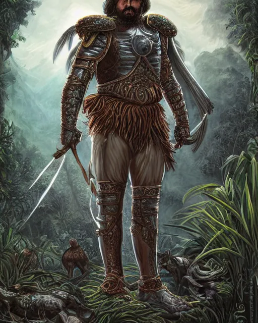 Prompt: ultrarealistic illustration of conquistador, symmetrical, by daniel zrom and nicola saviori, jungle background, detailed