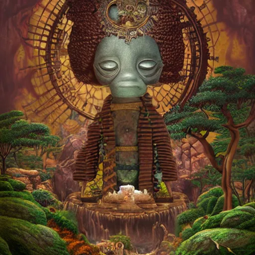 Image similar to wide angle dynamic portrait of a chibbi dogon priest in an african zen garden with a waterfall! and a golden ornate steampunk portal, amigurumi by mark ryden and todd schorr and mark davis and zdislaw beksinski in a surreal lowbrow style, digital paint, matte paint, vivid synthwave colors, breathtaking landscape