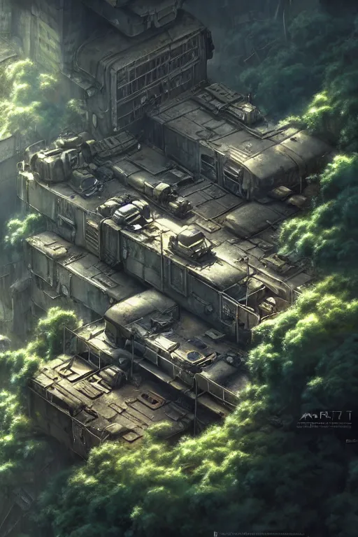 Image similar to a highly detailed matte painting of a post - apocalyptic dieselpunk military base in the jungle aerial view, by studio ghibli, makoto shinkai, by artgerm, by wlop, by greg rutkowski, volumetric lighting, octane render, 4 k resolution, trending on artstation, masterpiece