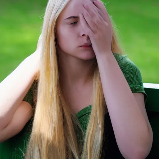 Prompt: a young woman with long blond hair sitting on a green bench with her head in her hands, mark brooks