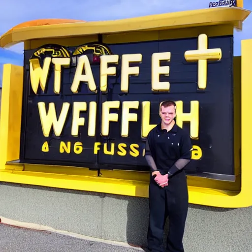 Image similar to wafflehouse employee's standing below wafflehouse sign