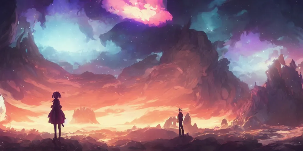 Image similar to isekai masterpiece by mandy jurgens, irina french, rachel walpole, ross tran, illya kuvshinov, deeznutz, and alyn spiller of an anime woman standing tree log looking up at giant crystals, nebula night, cinematic, very warm colors, intense shadows, ominous clouds, anime illustration, anime screenshot composite background