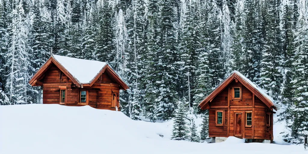 Prompt: small wooden house covered with snow near the emerald lake in canada in winter