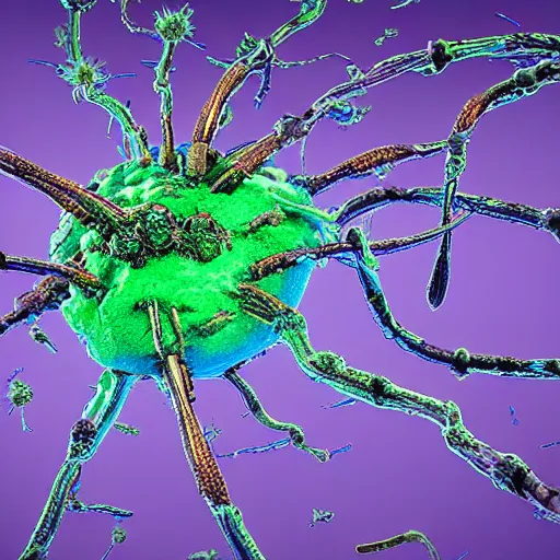 Image similar to pseudomonas aeruginosa, the bacterial god of death and pestilence. flagellated blue green cyan transparent bacterial monster covered in needle cannon type - iii secretion systems injecting toxins into human cells and multi - drug efflux pumps. fantastic detail. close up microscopy. false color. perfect composition.