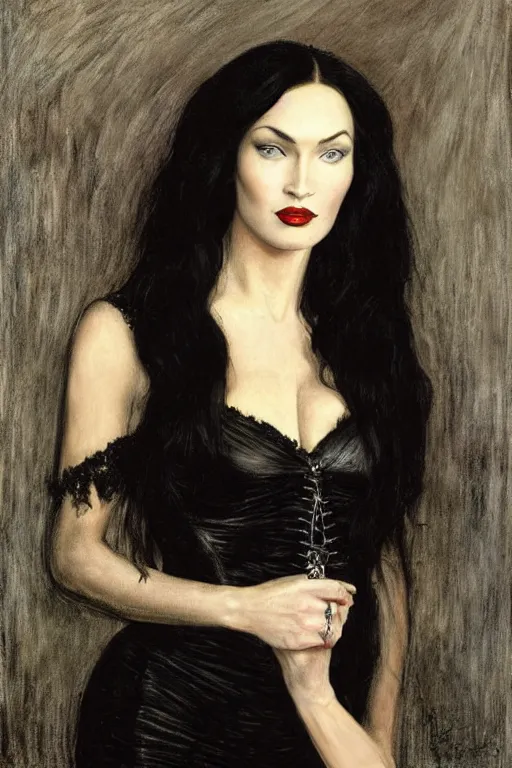 Prompt: upper body portrait megan fox as morticia addams by alfred stevens