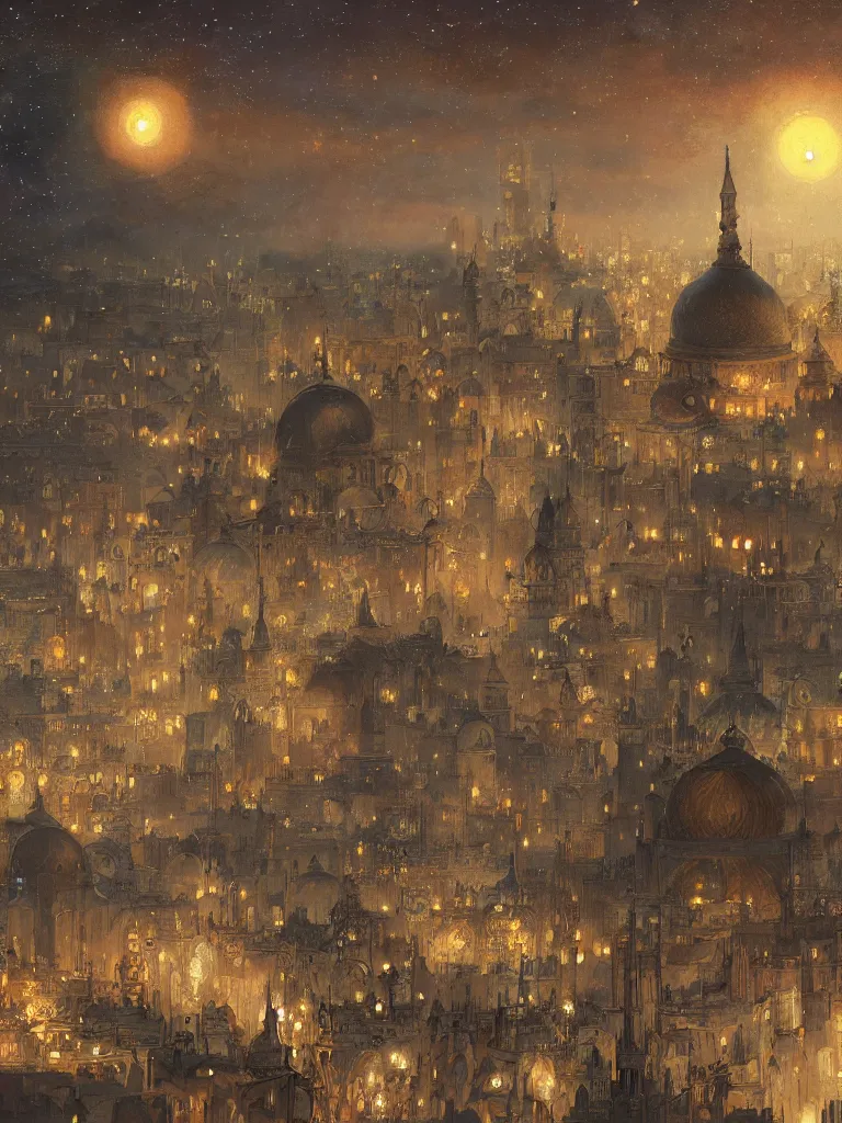 Image similar to a dome - covered city resembling ancient baghdad at night with the sky full of stars, intricate, elegant, highly detailed, digital painting, artstation, concept art, smooth, sharp focus, colored illustration for tattoo, art by krenz cushart and artem demura and alphonse mucha,