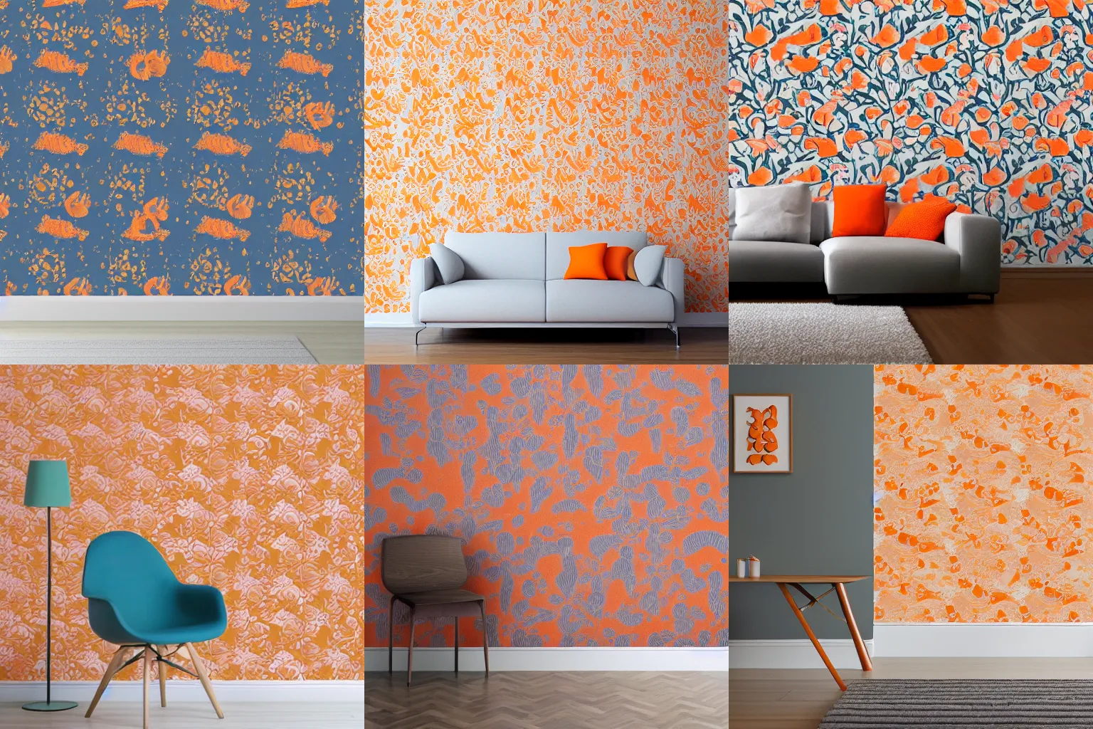 Prompt: minimalistic floral wallpaper texture with small two tone fish and octopi, orange pastel colors