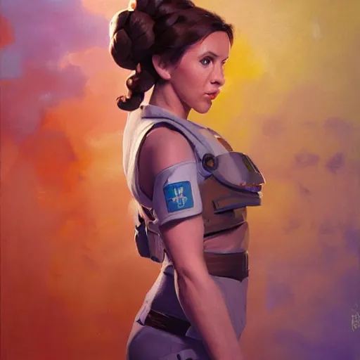 Image similar to greg manchess portrait painting of leia organa as overwatch character, medium shot, asymmetrical, profile picture, organic painting, sunny day, matte painting, bold shapes, hard edges, street art, trending on artstation, by huang guangjian and gil elvgren and sachin teng