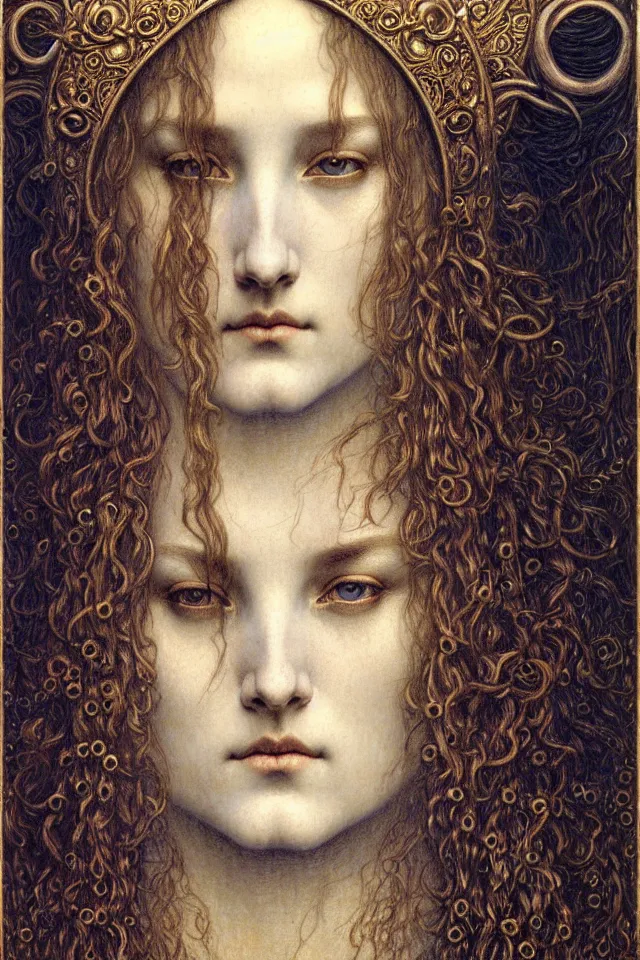 Image similar to detailed realistic beautiful young medieval queen face portrait by jean delville, gustave dore and marco mazzoni, art nouveau, symbolist, visionary, gothic, pre - raphaelite. horizontal symmetry