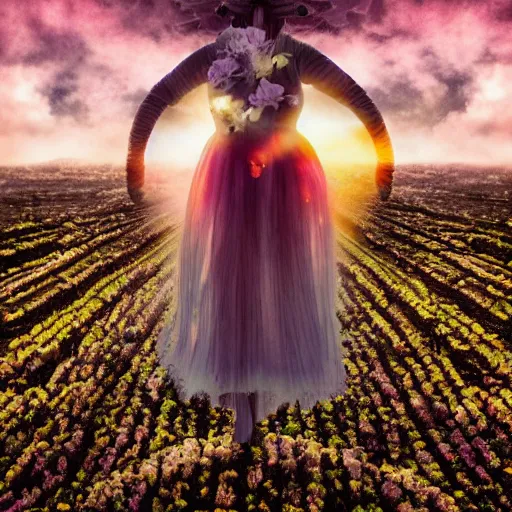 Image similar to A picture of a planet of various flowers, fungus and plants, in which the human figure is dressed in something magical and impressive, inside the picture is infinity, sunset light, Atmospheric phenomenon, artistic photography, muted colors, conceptual