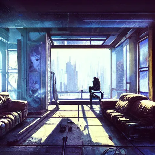 Prompt: cyberpunk living room interior, windows, light rays, buildings, dystoptian, gorgeous view, no person, depth, painted by Seb McKinnon, clouds, tending on artstation