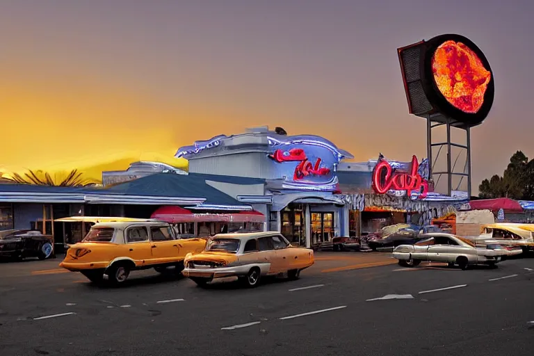 Image similar to giant crab attacking a california drive in, in 2 0 1 2, bathed in the the glow of the sunset, low - light photograph, in style of ansel adams