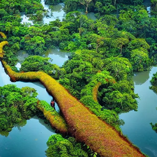 Prompt: magical trees and the amazon river in the amazon rainforest by anderson debernardi and pablo amaringo