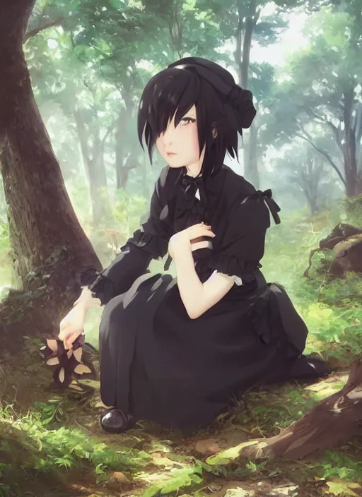 Image similar to a close up of a victorian maid with black bob hairstyle sitting in a forest. cute anime eyes. by makoto shinkai, stanley artgerm lau, wlop, rossdraws, james jean, andrei riabovitchev, marc simonetti, krenz cushart, sakimichan, trending on artstation, digital art.